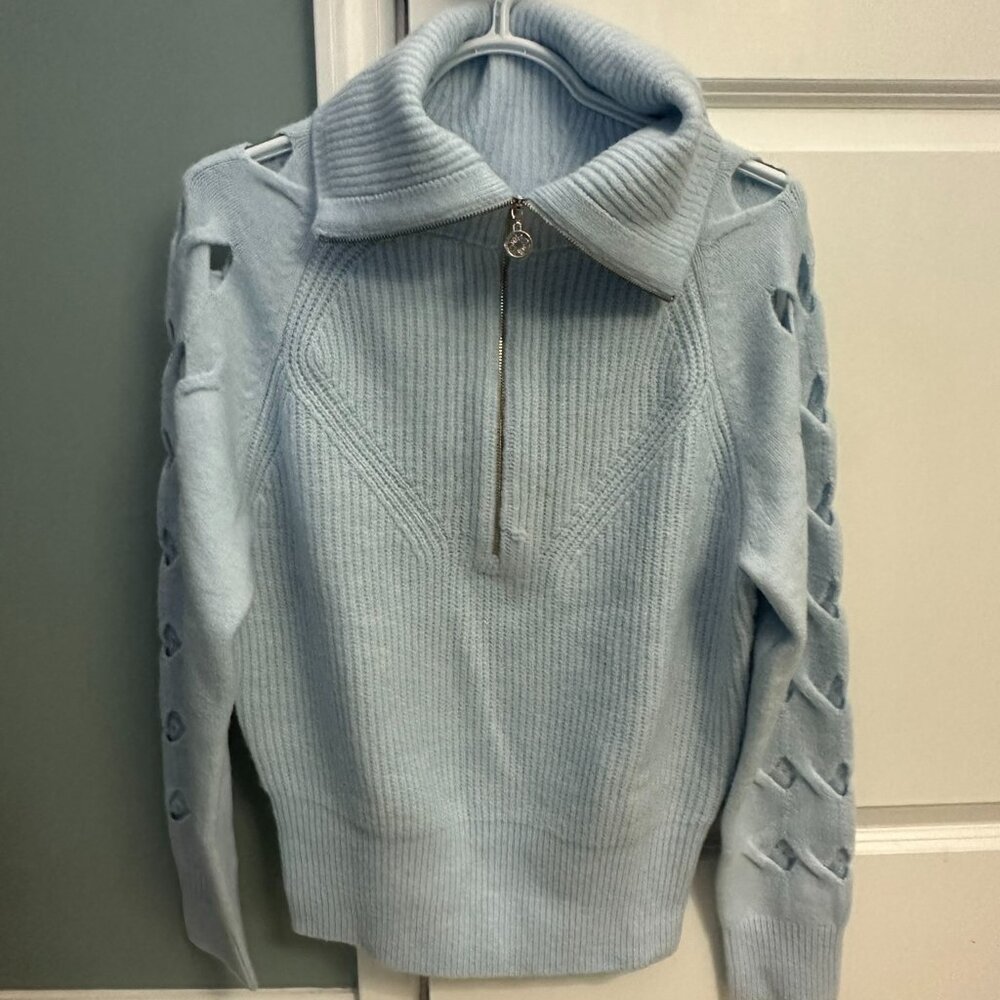 WHBM Novelty Sleeve Half Zip Pullover Color Glass ( Light Blue ) Size M